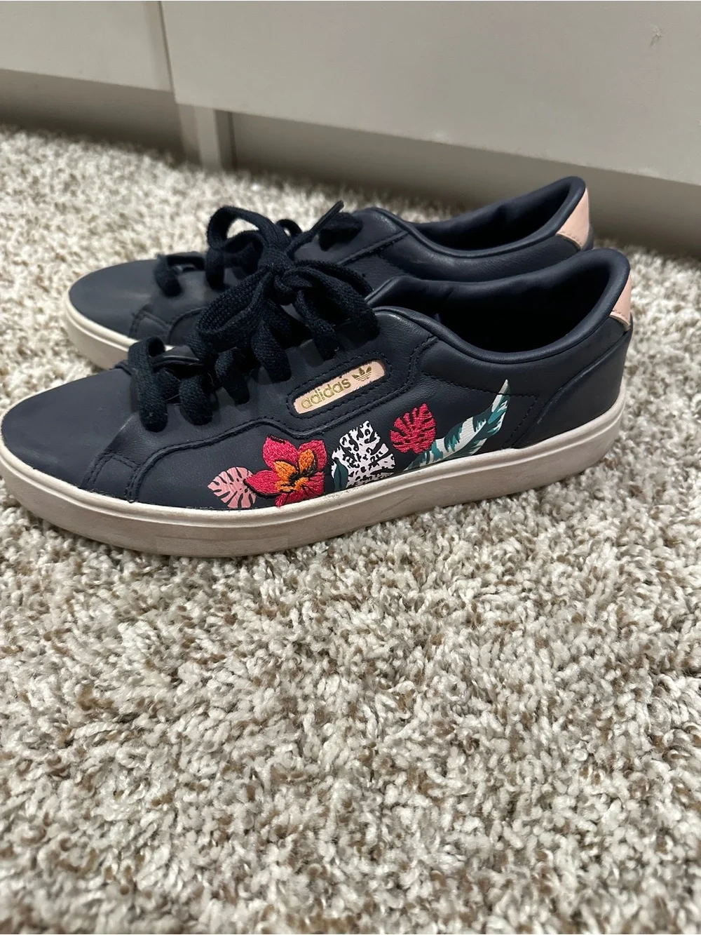 Adidas Women's Navy Floral Embroidered Low-Top Sneakers